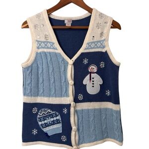Vintage Y2K Grannycore Whimisical Women's Blue White Snowman Sweater Vest S